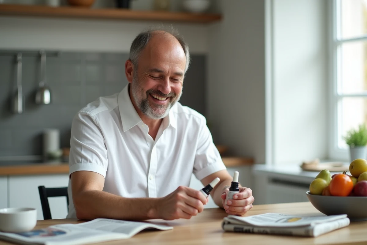 Homme lisant les instructions d un serum capillaire dans la cuisine