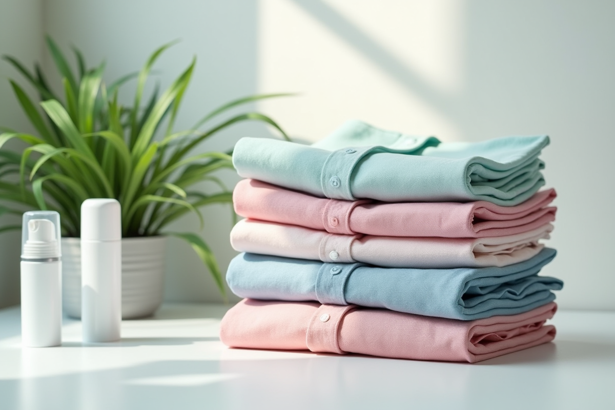 Pile de vêtements colorés avec déodorant et plante en arrière-plan