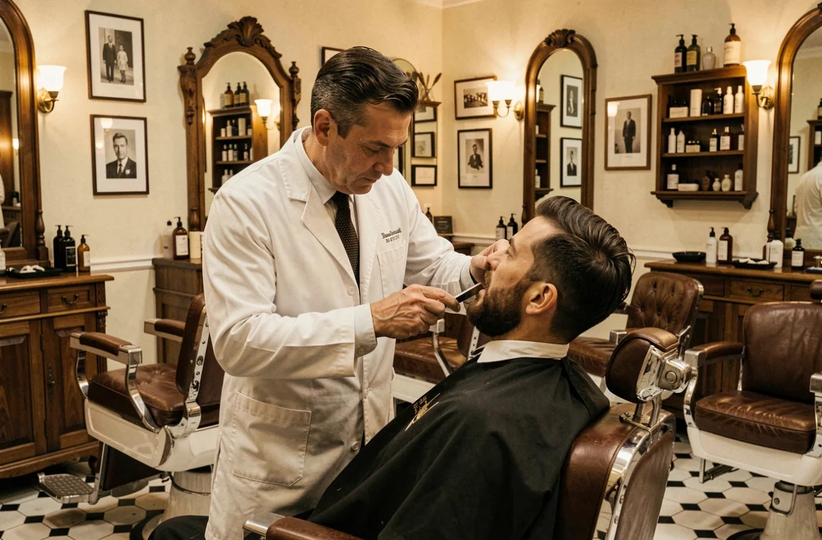 Barbier de Madame Moustache à Biarritz taillant la barbe d'un client avec un rasoir droit