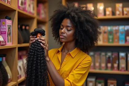 Femme afro examinant des mèches naturelles dans un magasin spécialisé mèche afro