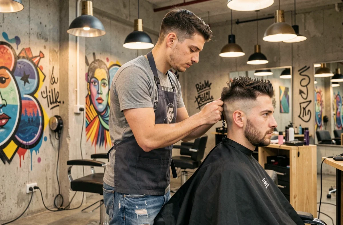 Coiffeur du salon Mak Angel à Lille réalisant une coupe fade dans un salon artistique avec murales de street-art