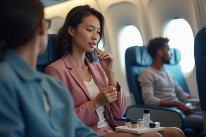Femme appliquant son maquillage en avion avec des produits de beauté conformes aux nouvelles règles de voyage 2026