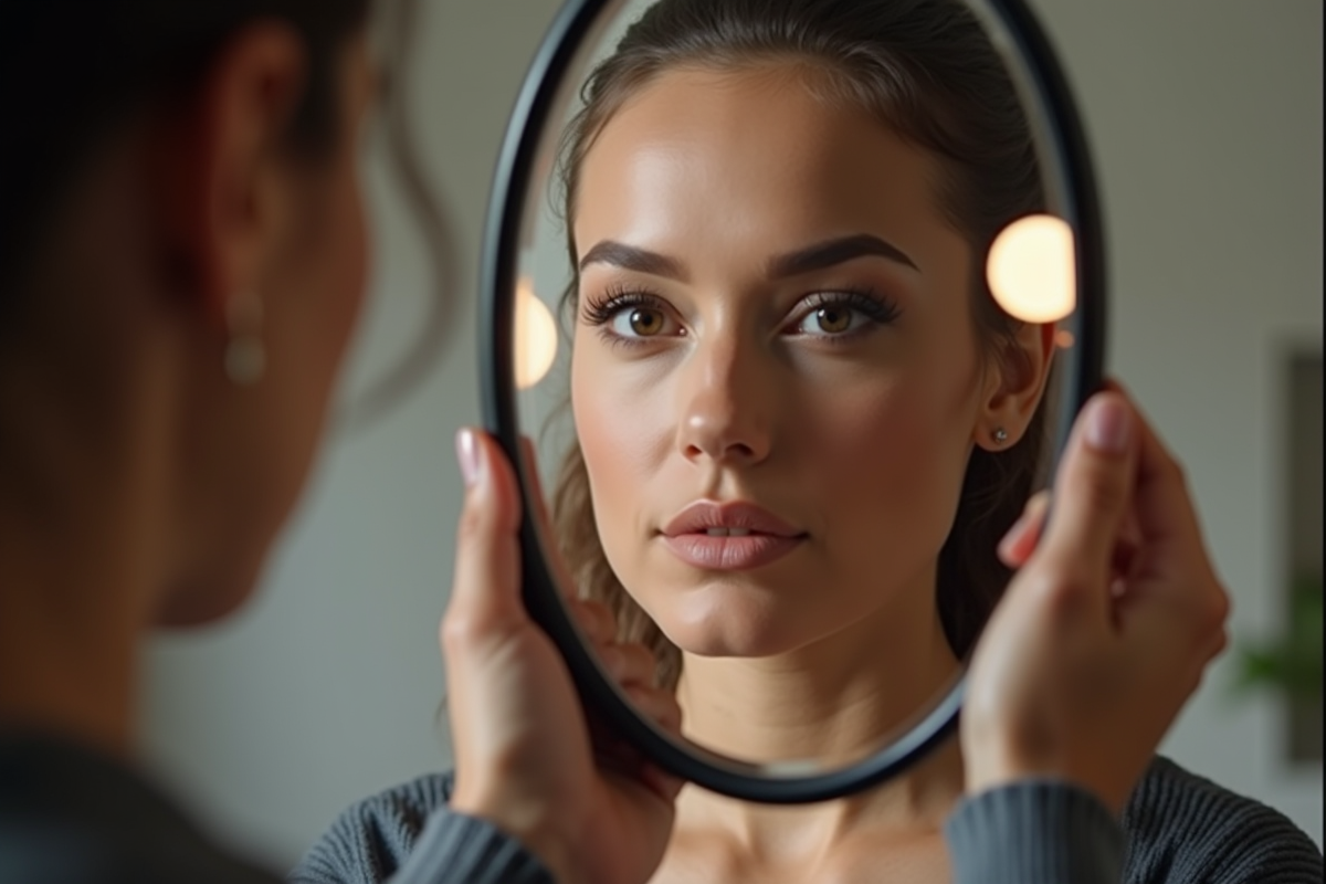 Maquilleuse avec miroir mettant en valeur la symetrie du visage