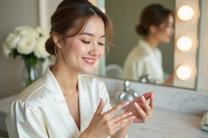 Jeune mariée admire sa manucure en robe de soie ivoire