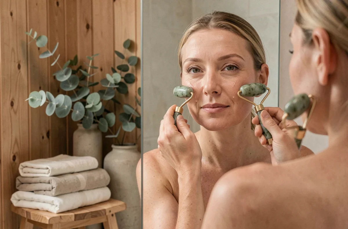 Femme mature utilisant un rouleau jade pour masser son visage devant un miroir de salle de bain style nordique