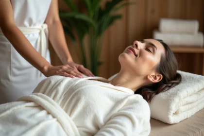 Femme en relaxation lors d'un massage dans un spa naturel