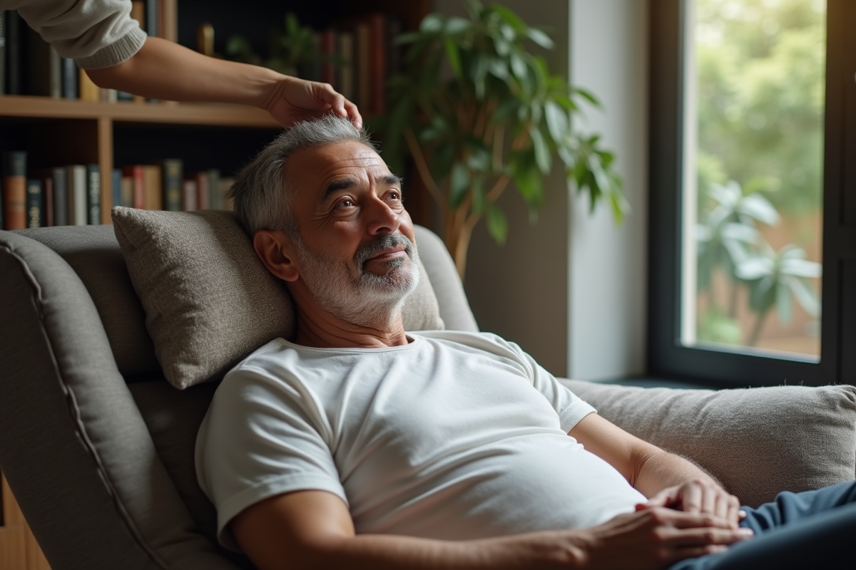 Homme se faisant masser le cuir chevelu à la maison