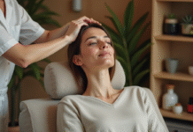 Bienfaits du massage crânien : pourquoi cela fait-il du bien ? Femme recevant un massage du visage dans un spa calme
