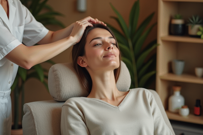 Femme recevant un massage du visage dans un spa calme