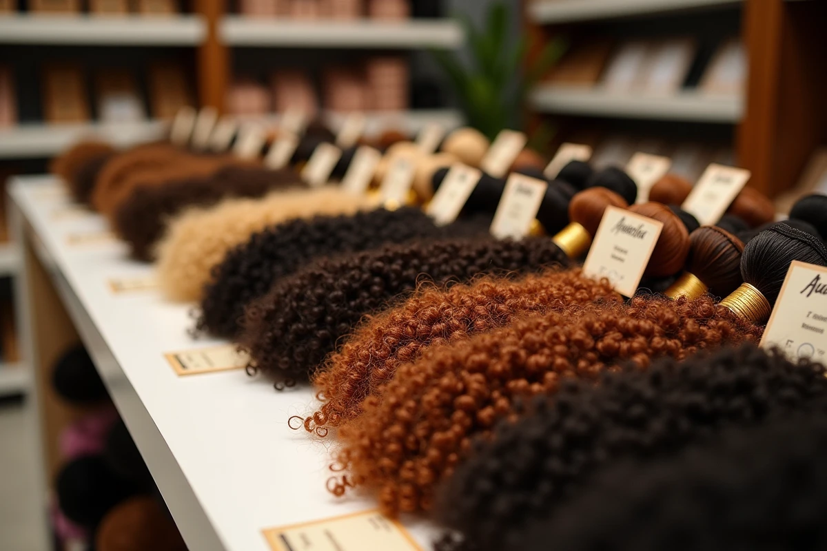 Présentation de mèches afro naturelles et bouclées sur le comptoir d'un magasin spécialisé
