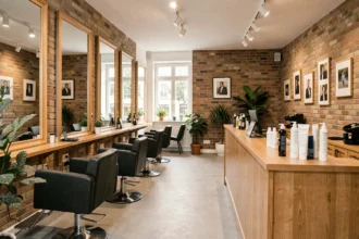 Intérieur d'un salon de coiffure moderne et élégant dans le Nord de la France avec fauteuils de coiffure, miroirs et décoration soignée