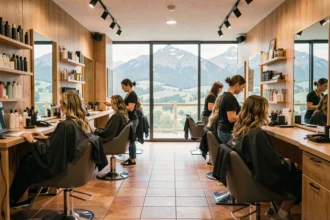 Intérieur d'un salon de coiffure moderne dans les Pyrénées-Atlantiques avec stylistes au travail