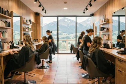 Intérieur d'un salon de coiffure moderne dans les Pyrénées-Atlantiques avec stylistes au travail