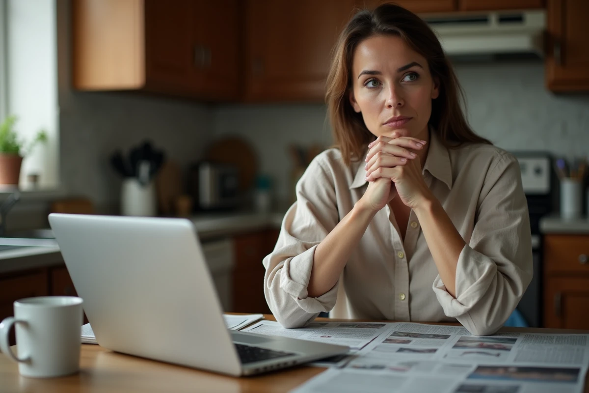 Mère inquiète assise à la table de cuisine face à un ordinateur portable avec des commentaires sur les réseaux sociaux, symbolisant la protection parentale face à la célébrité toxique