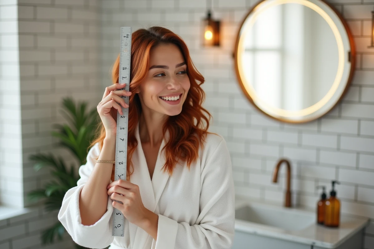 Femme mesurant la repousse de ses cheveux colorés auburn avec une règle dans une salle de bain