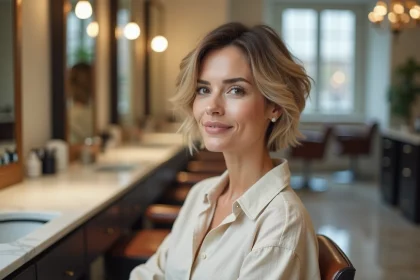 Femme de 40 ans avec coiffure mini vague sur cheveux fins courts dans un salon parisien