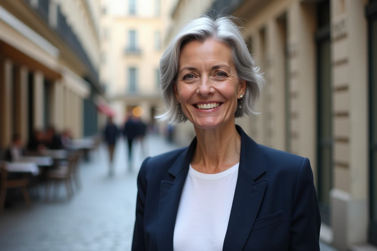 Femme de 45 ans coiffure mini vague cheveux fins grisonnants dans une rue parisienne