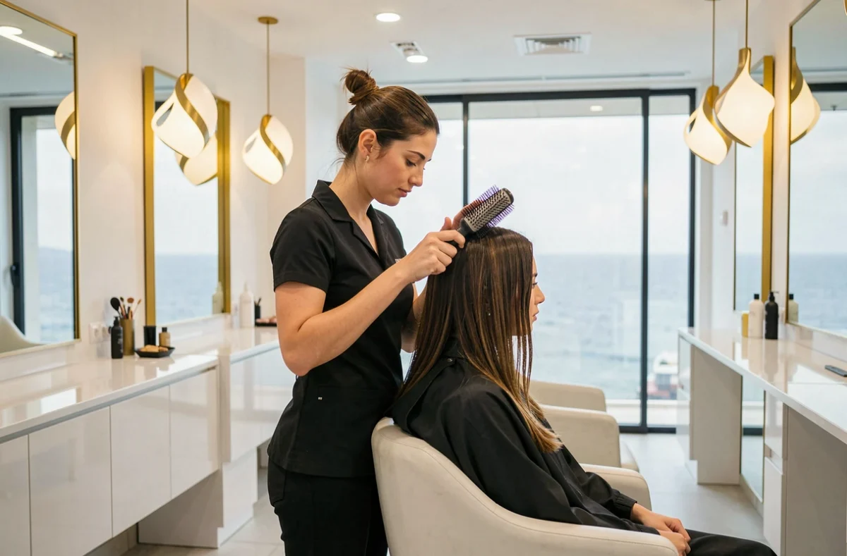 Styliste du salon Mod's Hair à Biarritz coiffant une cliente dans un cadre élégant face à l'océan