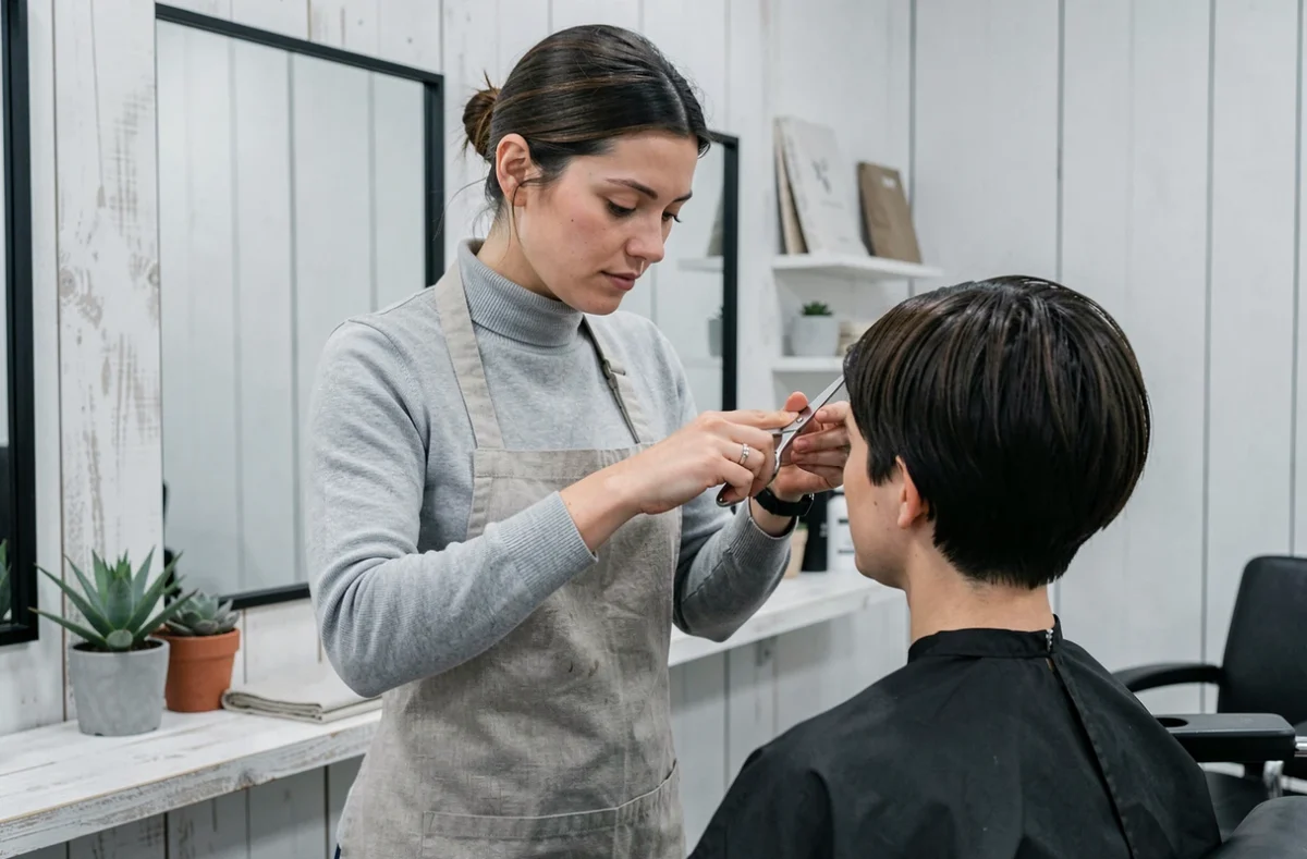 Coiffeuse du salon MS Coiffure réalisant une coupe au carré précise dans un espace minimaliste au design scandinave