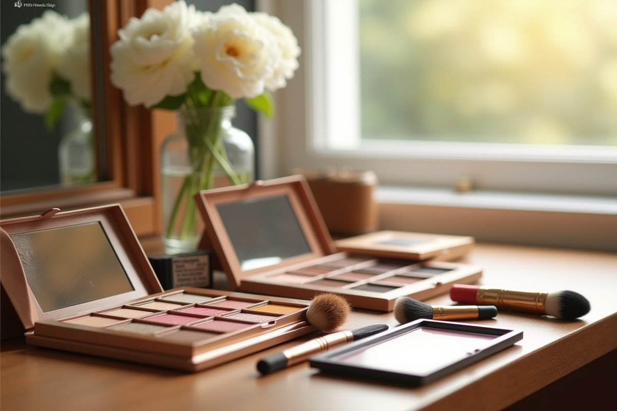 Palette de maquillage neutre avec pinceaux sur coiffeuse en journée lumineuse