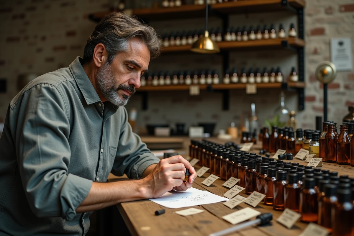Parfumeur masculin dans un laboratoire de création de parfum entouré de fioles et de notes olfactives manuscrites