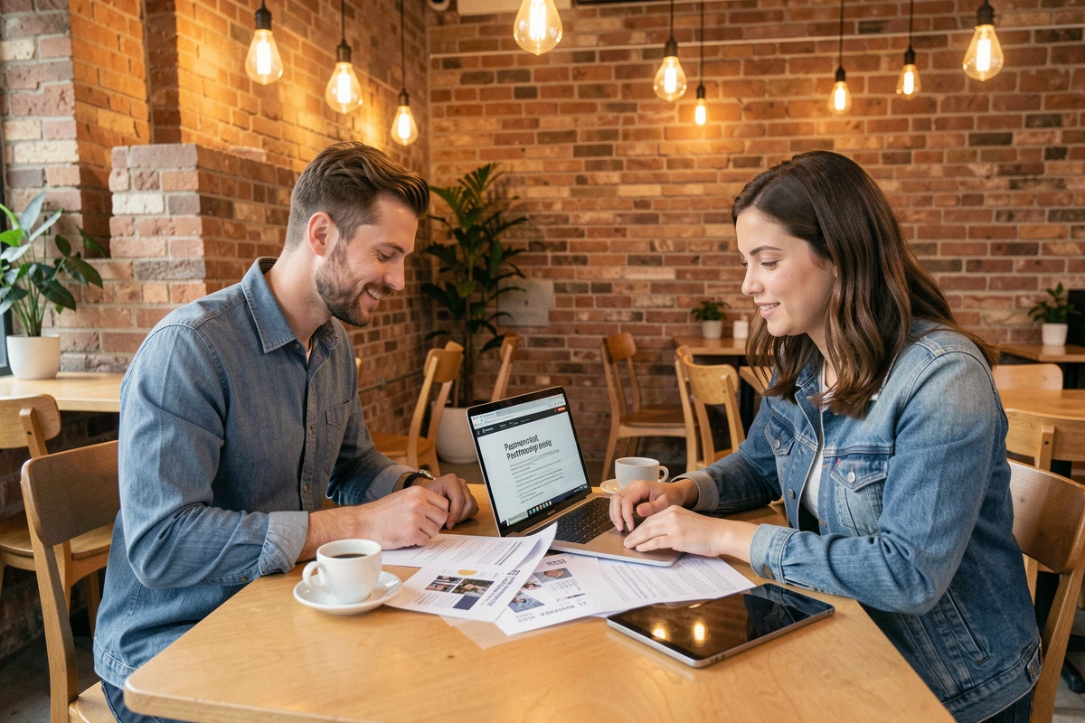 Deux blogueurs discutant d'un partenariat de marque autour d'un kit média dans un café au décor chaleureux