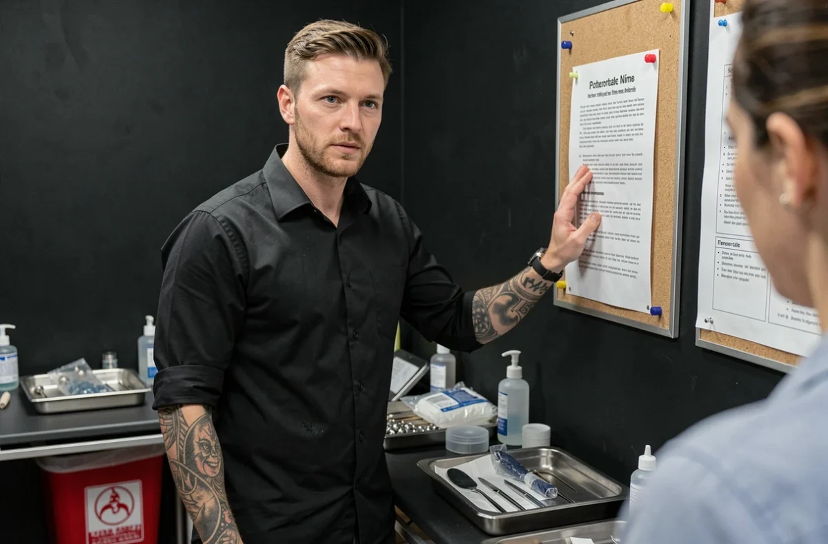 Perceur professionnel expliquant les conseils de soin après un piercing labret dans son studio