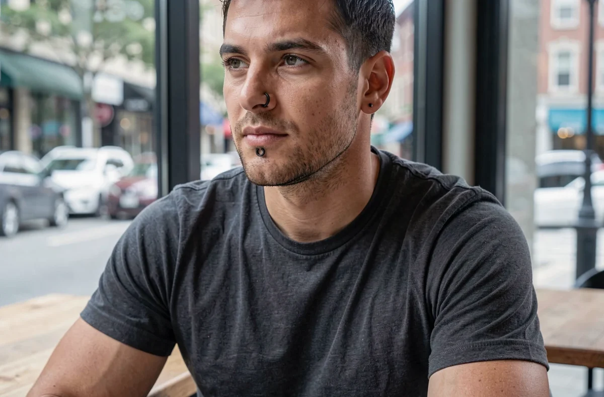 Homme avec un piercing labret décalé en anneau noir, portrait trois quarts dans un café urbain