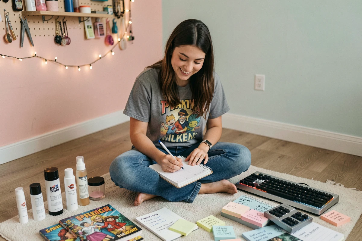 Jeune blogueuse planifiant sa stratégie de contenu beauté et geek entourée de produits et de notes créatives sur le sol