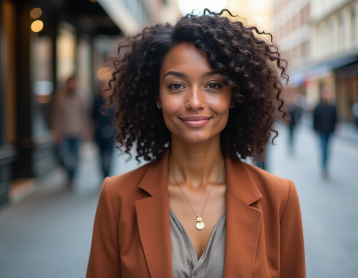 Portrait d'une femme aux boucles définies avec un carré dégradé fraîchement coiffé en extérieur urbain