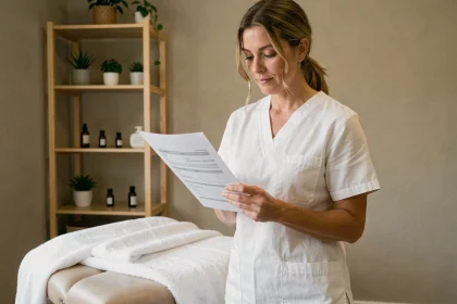 Praticienne de massage bien-être en blouse blanche consultant un formulaire client dans un cabinet professionnel calme et soigné