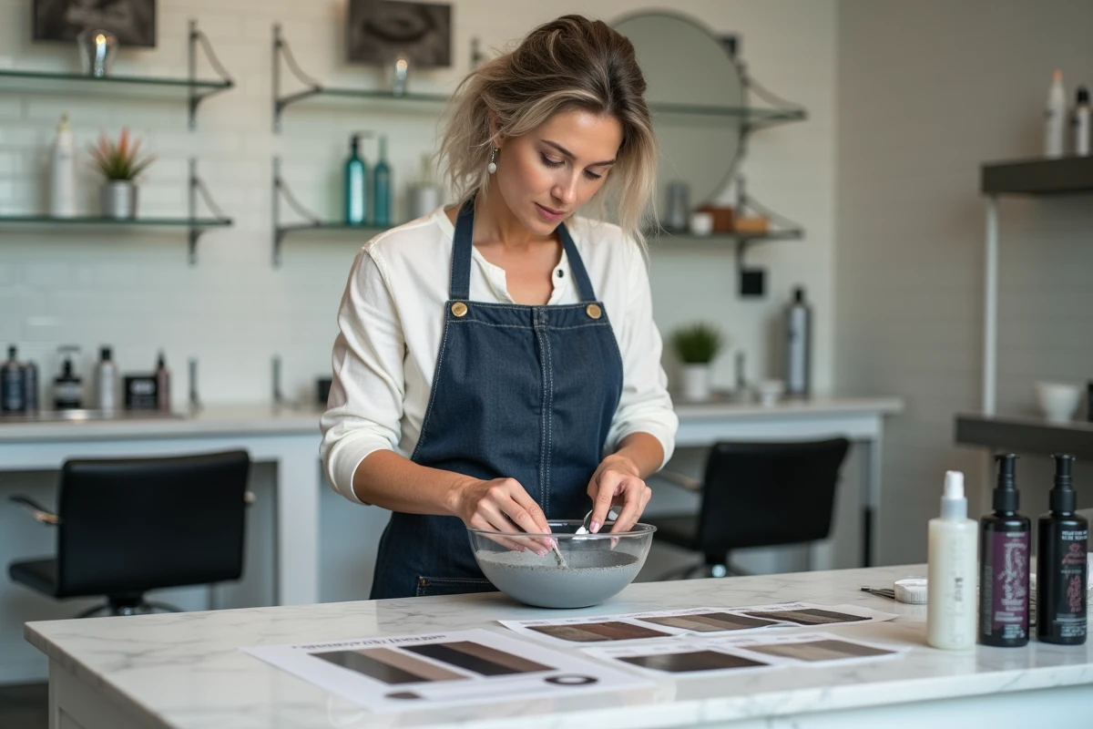 Coiffeuse professionnelle préparant un mélange de coloration Blended Grey dans un salon moderne