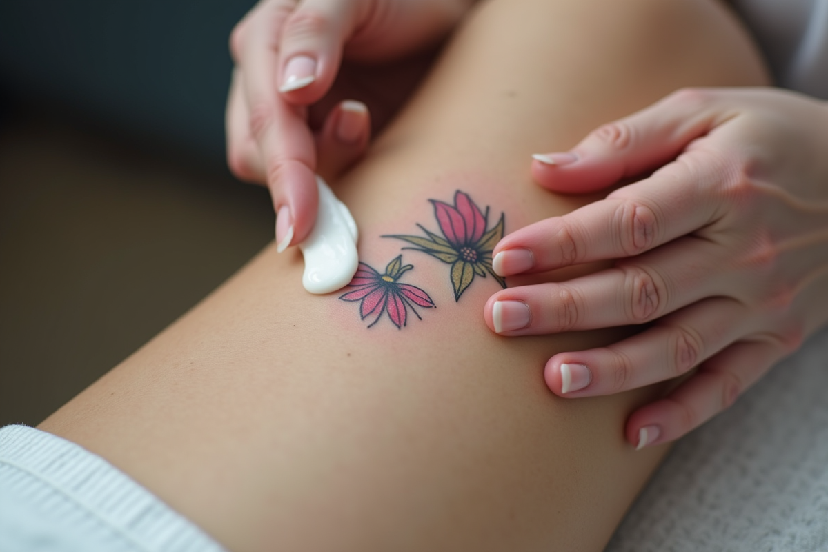 Mains appliquant creme sur la peau pour tatouage floral