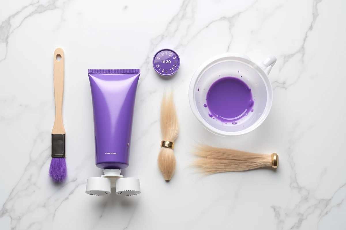 Vue à plat des produits de patine capillaire professionnels sur marbre blanc, avec minuteur et pinceau de coloration