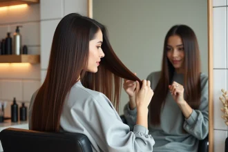 Femme aux cheveux lissés examinant la repousse de ses racines dans un salon de coiffure moderne