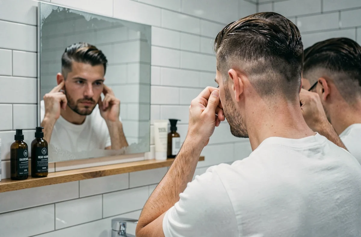 Homme en t-shirt blanc inspectant son dégradé taper en repousse dans un miroir de salle de bain moderne