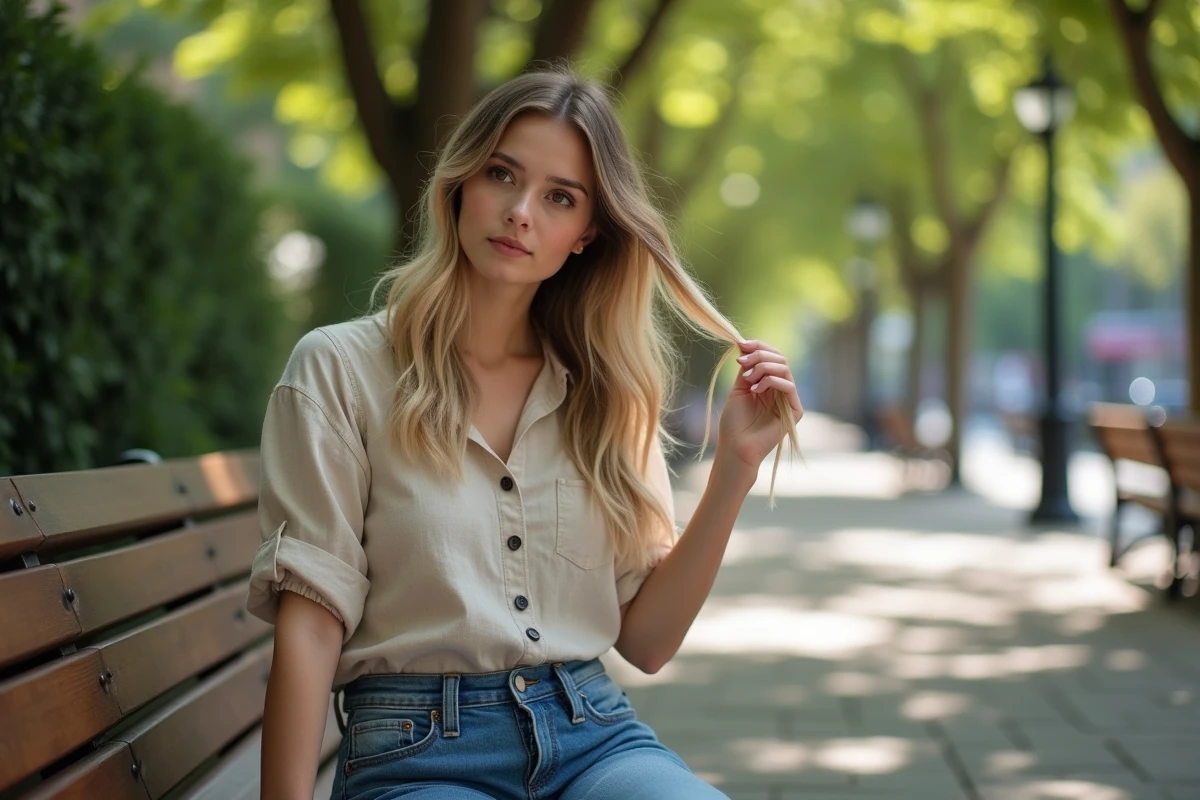 Femme aux racines naturelles visibles inspectant la repousse de ses cheveux avec balayage dans un parc urbain