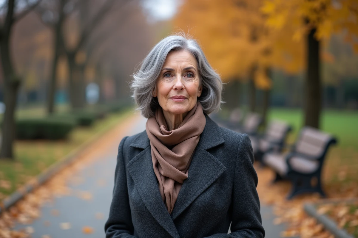 Femme aux cheveux blancs avec un résultat Blended Grey élégant en extérieur dans un parc en automne