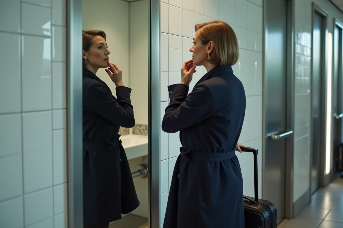 Femme se remaquillant dans les toilettes d'un aéroport moderne avant un vol, avec ses bagages à main