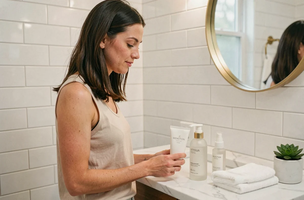 Femme appliquant sa routine beauté quotidienne avec les produits d'une box cosmétiques mensuelle devant le miroir de sa salle de bain