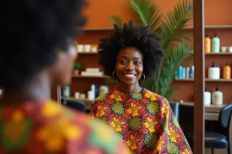 Femme noire aux cheveux afro naturels assise dans un salon de coiffure afro spécialisé, reflétée dans un grand miroir