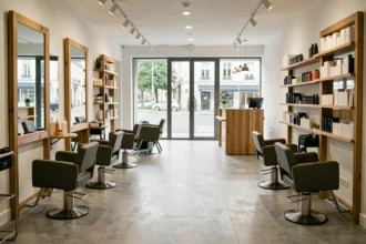 Intérieur d'un salon de coiffure moderne en Centre-Val de Loire avec fauteuils, miroirs et vue sur la rue