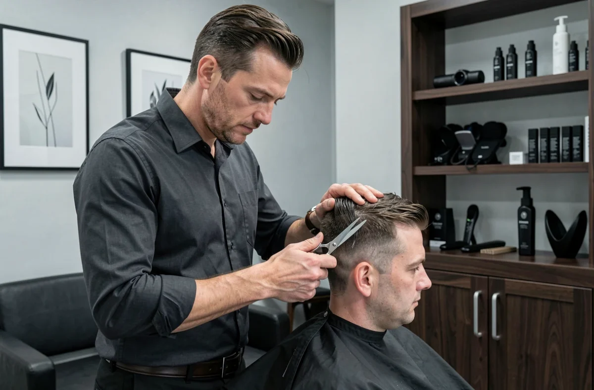 Coiffeur du Salon Johann à Pau réalisant une coupe précise sur un client masculin