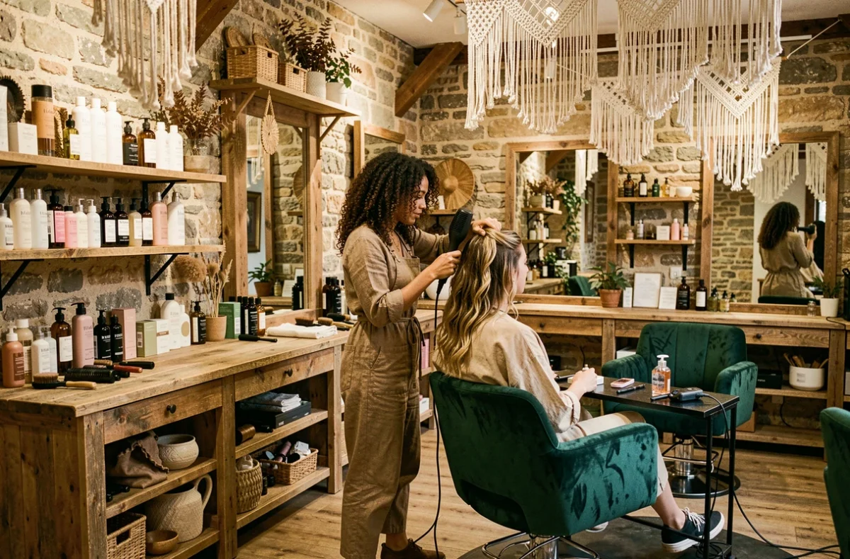 Salon Sanctu Hair à Valenciennes avec décoration bohème, fauteuils en velours vert et coiffeuse soignant une cliente