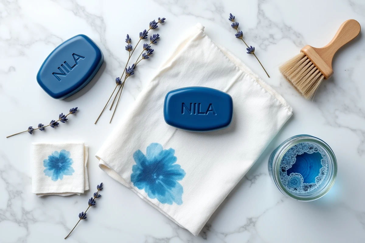 Vue de dessus d'un savon Nila bleu entier et entamé posé sur du marbre blanc avec des tissus illustrant l'action anti-taches