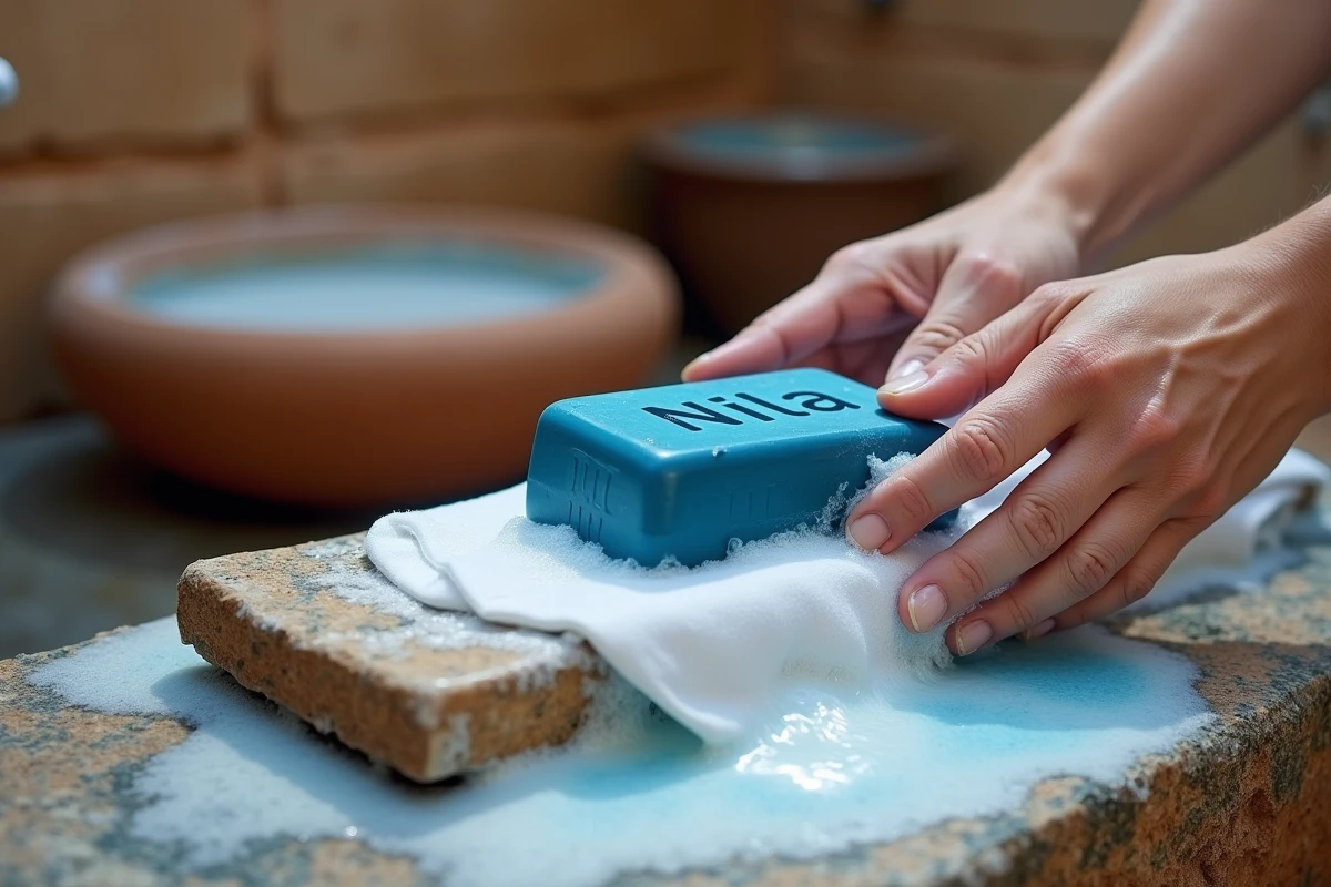Mains adultes frottant un vêtement blanc avec le savon Nila bleu sur une planche à laver en pierre pour éliminer les taches