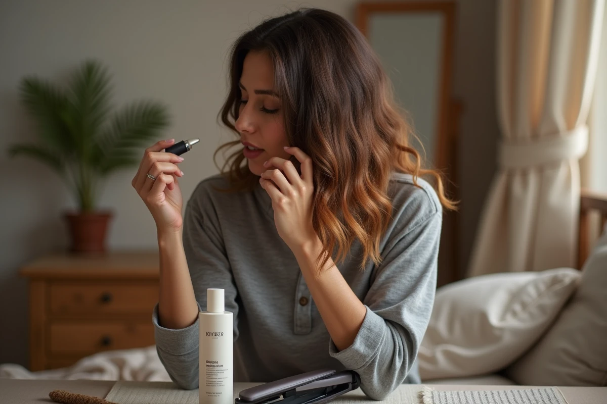 Femme appliquant un sérum protecteur thermique sur cheveux secs avant l'utilisation d'un fer à lisser