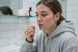 Jeune femme appliquant une solution saline sur son piercing labret pour favoriser la cicatrisation