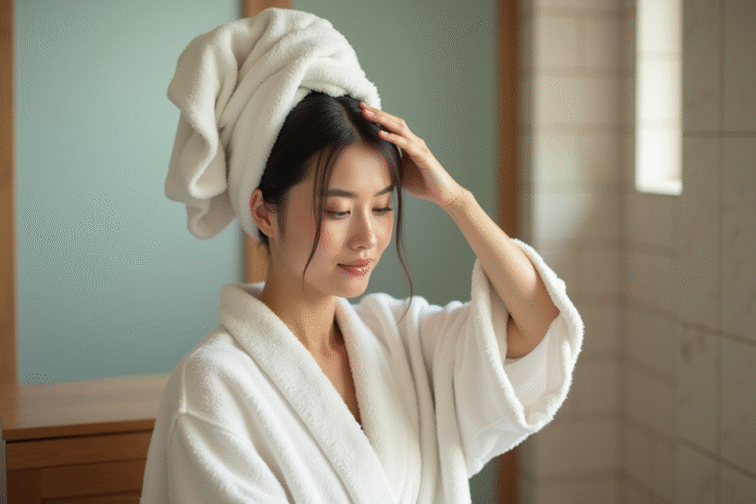 Femme appliquant un serum capillaire dans un spa