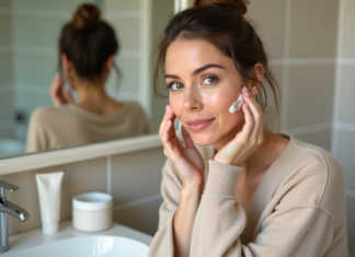 Routine visage : choisir la meilleure marque pour votre peau ! Femme appliquant crème visage dans sa salle de bain